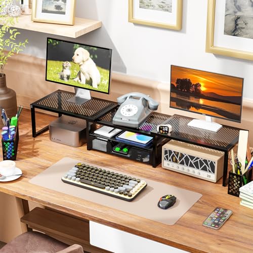 Black Dual Metal Monitor Stand Riser with Drawer and Pen Holder F8890