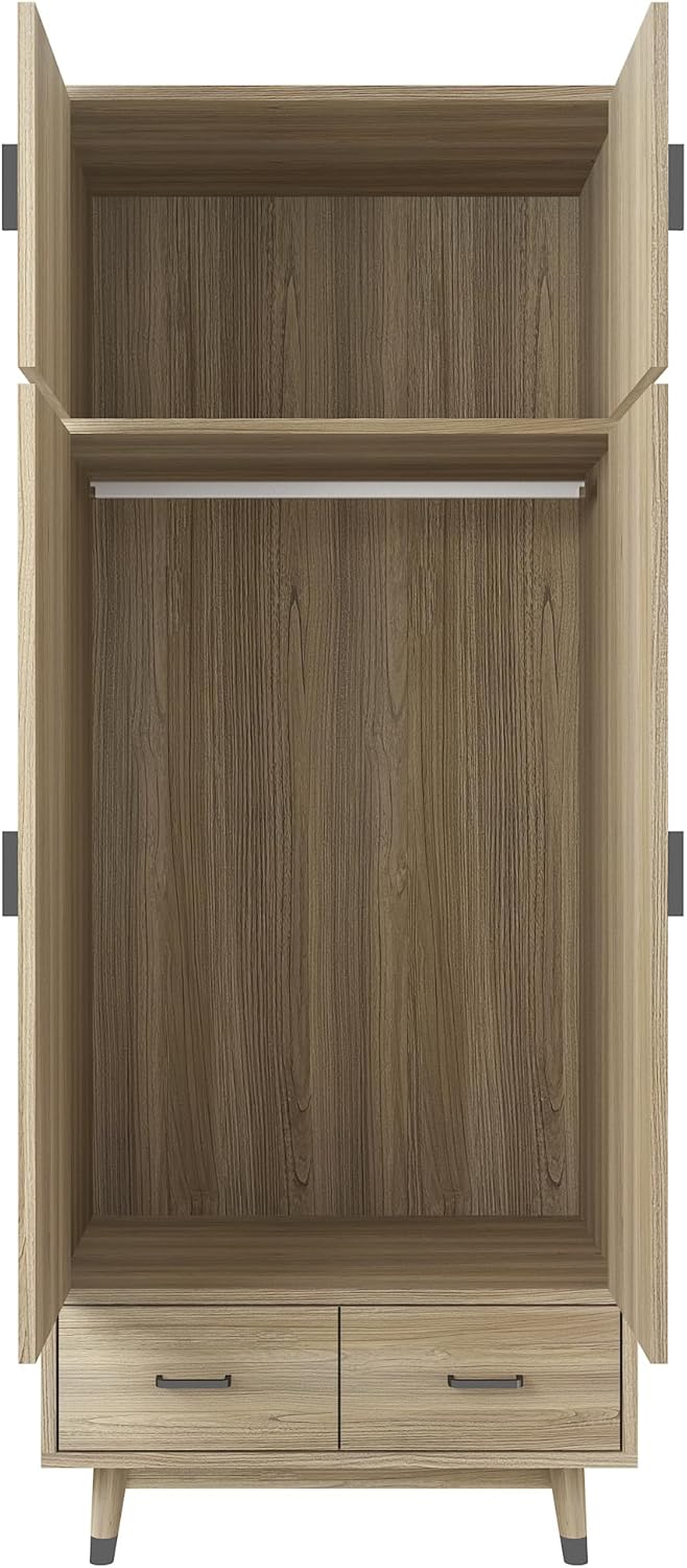 Oak 2-Door Wood Wardrobe Closet with 2 Drawers and Hanging Rod B948