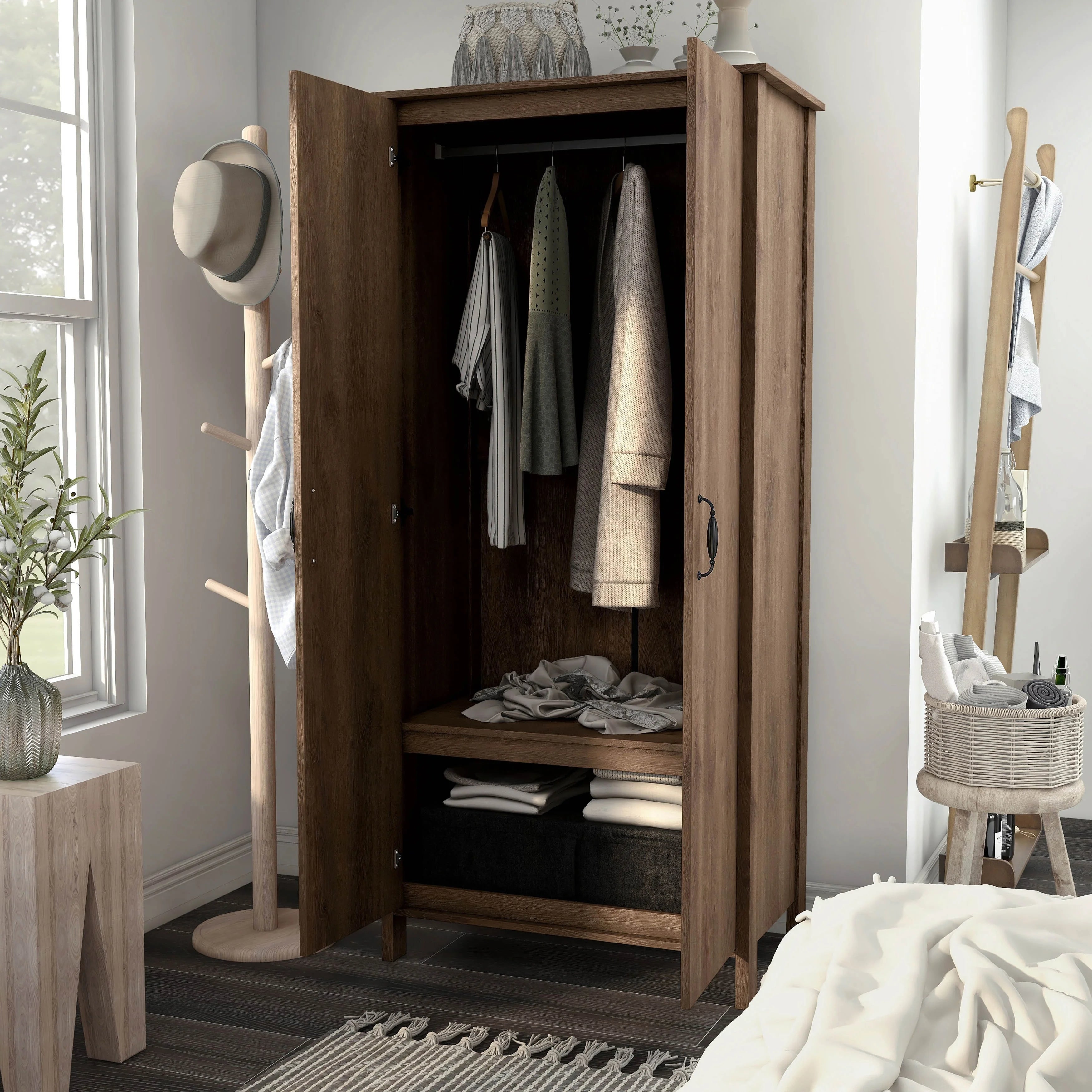 Rustic Distressed Walnut Double-door Wardrobe Closet with Shelves A683