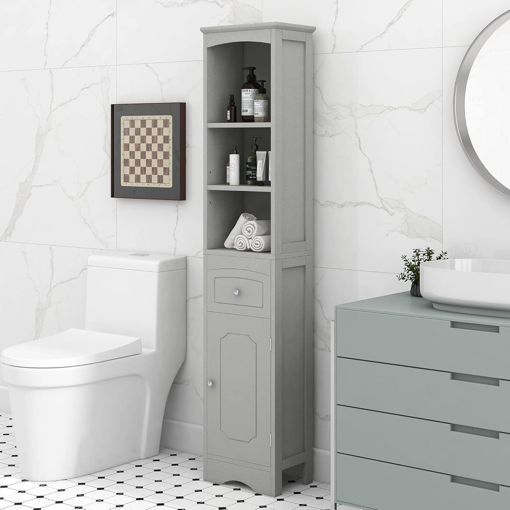 Grey Tall Slim Bathroom Storage Cabinet with 3-Tier Adjustable Shelf and 1 Drawer S365