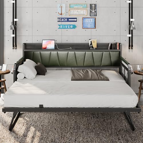 Grey Twin Daybed with Trundle Bed and Storage Headboard W66533