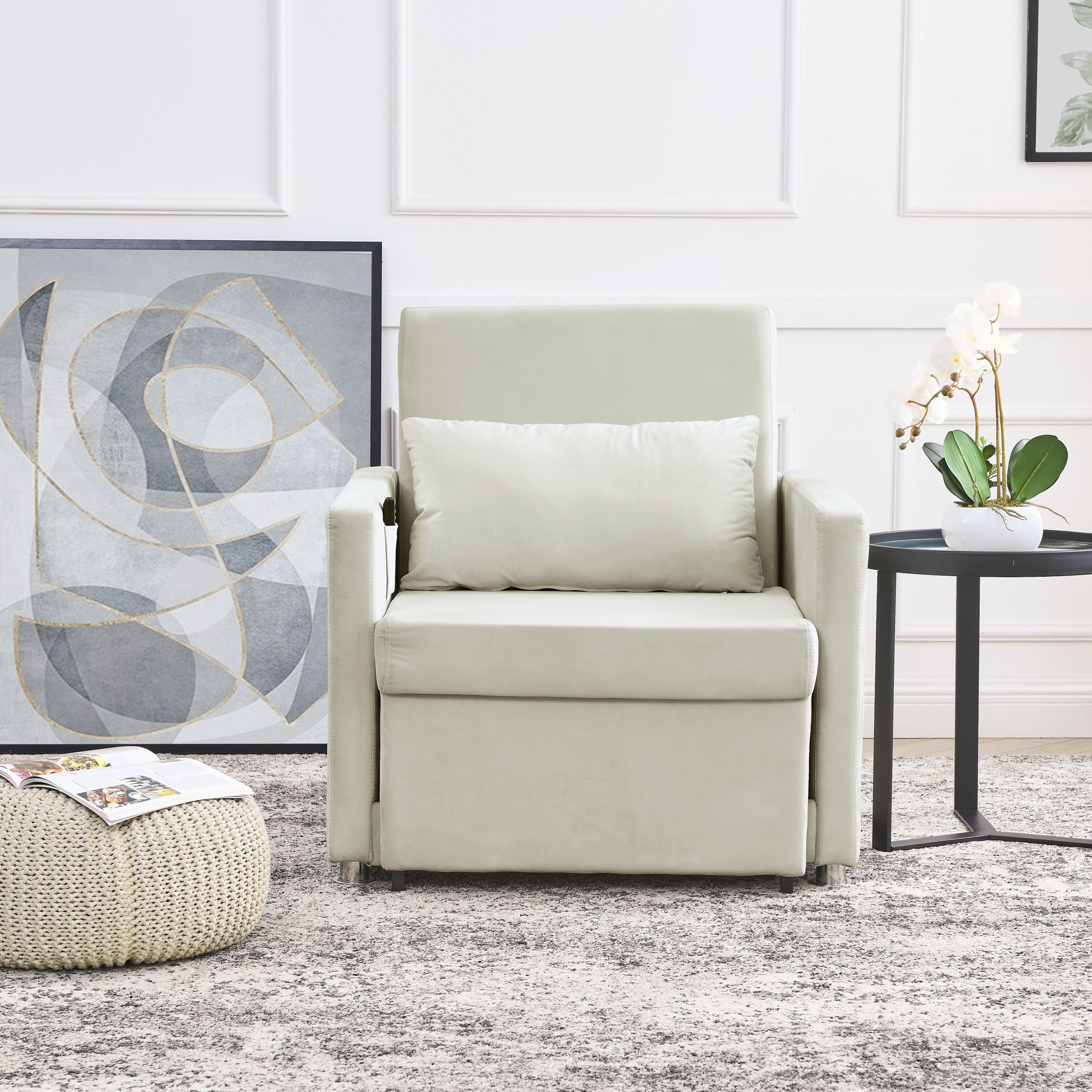Beige Velvet Convertible Chair Bed K4253