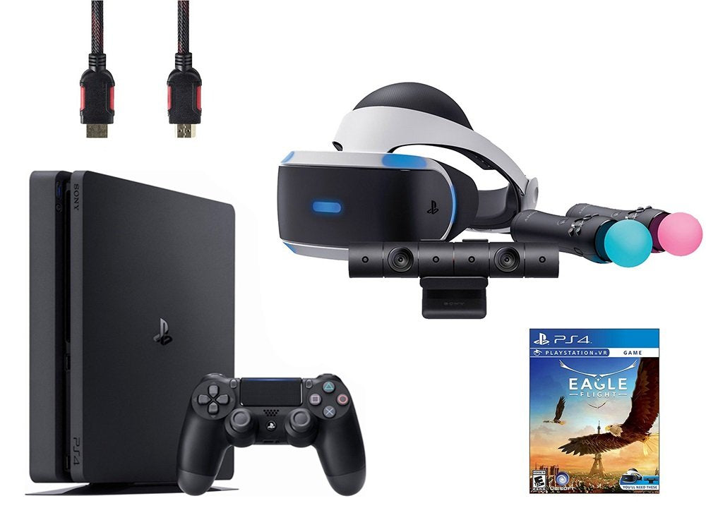 VR Headset, Move Controller, PlayStation Camera Motion Sensor, PS4 Slim 1TB Console Jet Black, VR Game Disc Eagle Flight M2748
