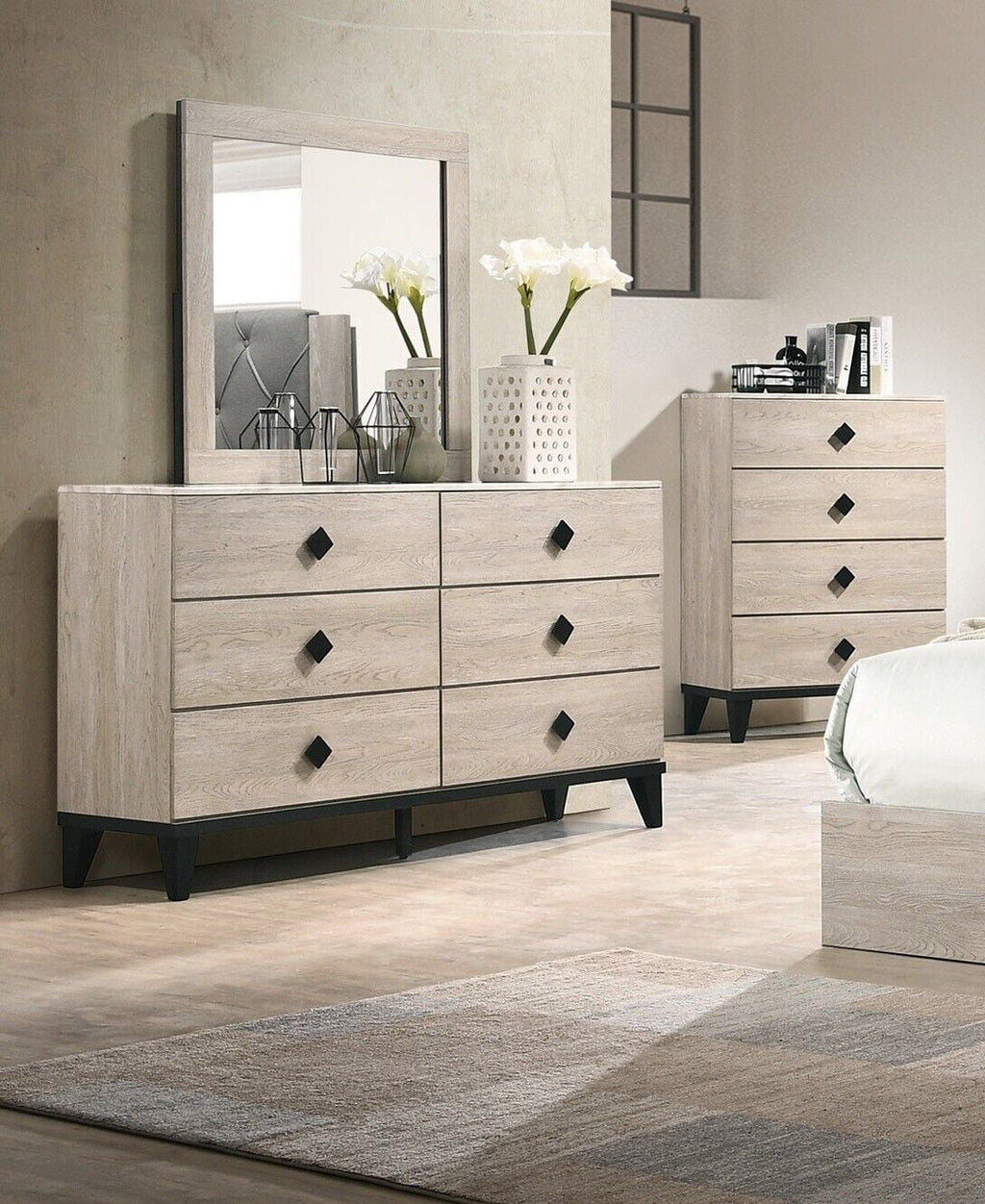 Cream Color Dresser Mirror Nightstands Chest 5pc Bedroom Set R33311