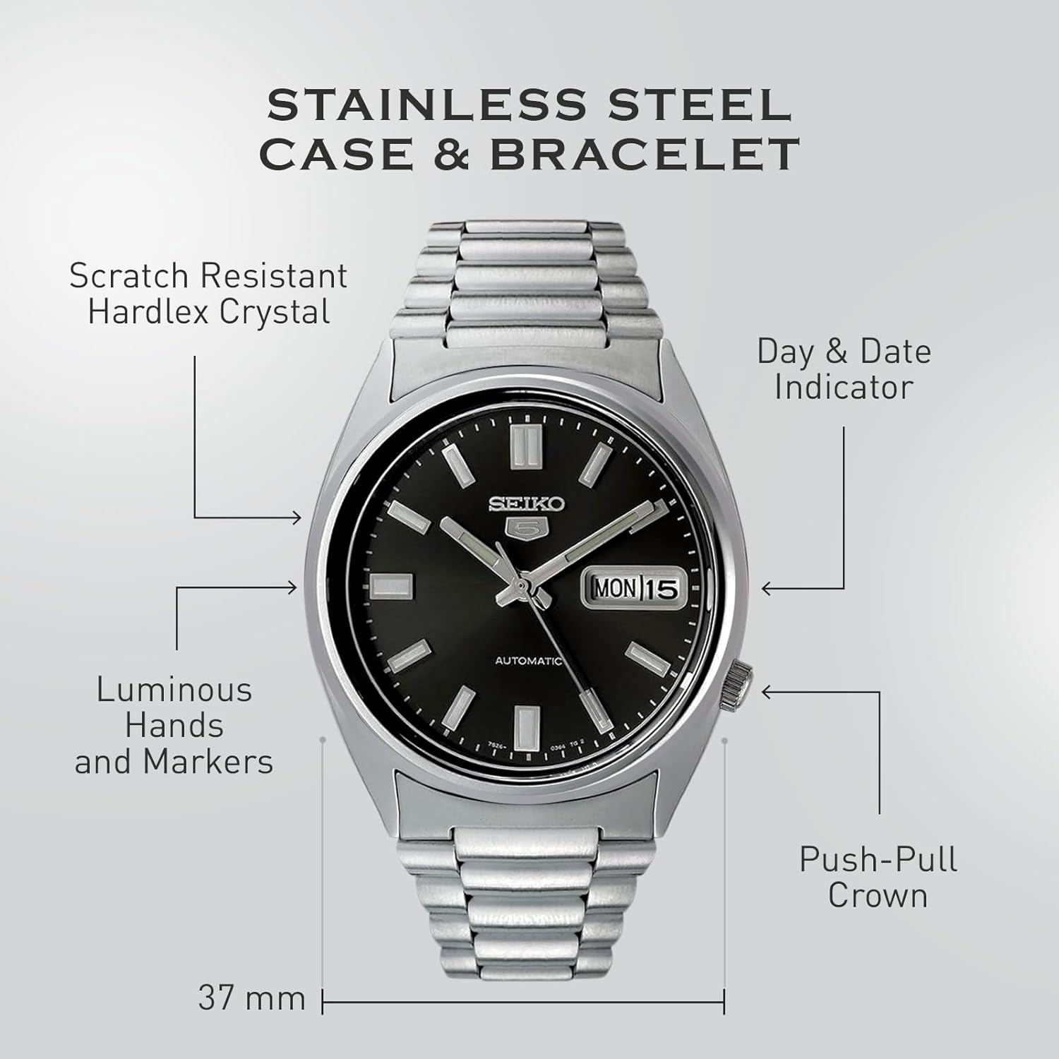 Automatic Watch with Black Dial, Stainless Steel Case & Bracelet P1334