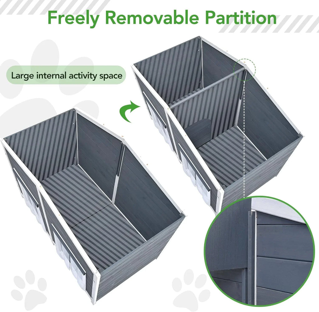 Gray Green Wooden Dog House with Porch 2 Doors S412