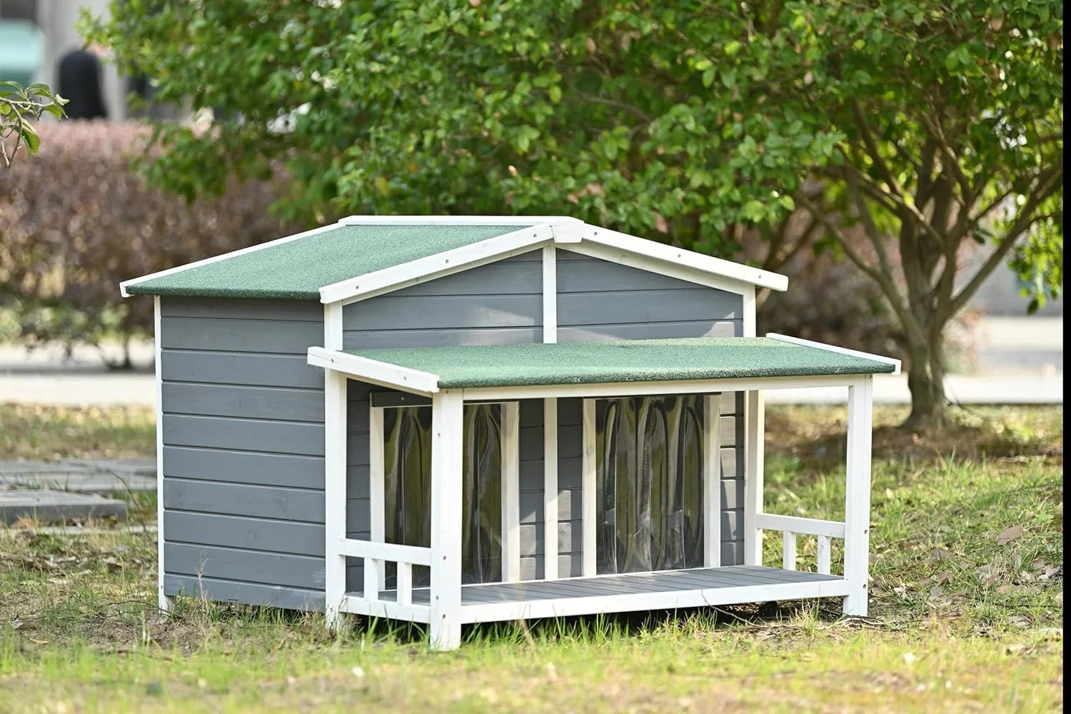 Gray Green Wooden Dog House with Porch 2 Doors S412