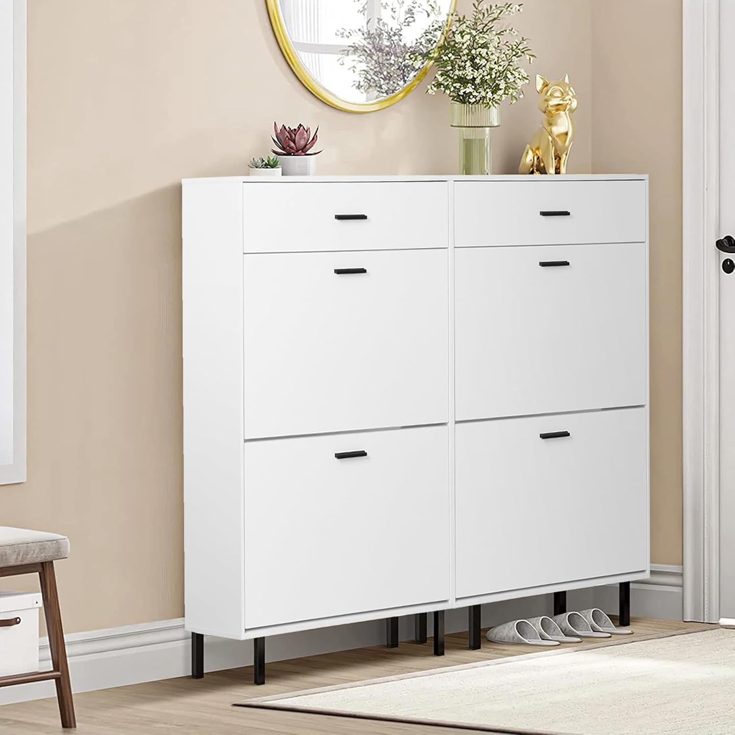 White Wooden Shoe Cabinet with 2 Flip Drawers T302185
