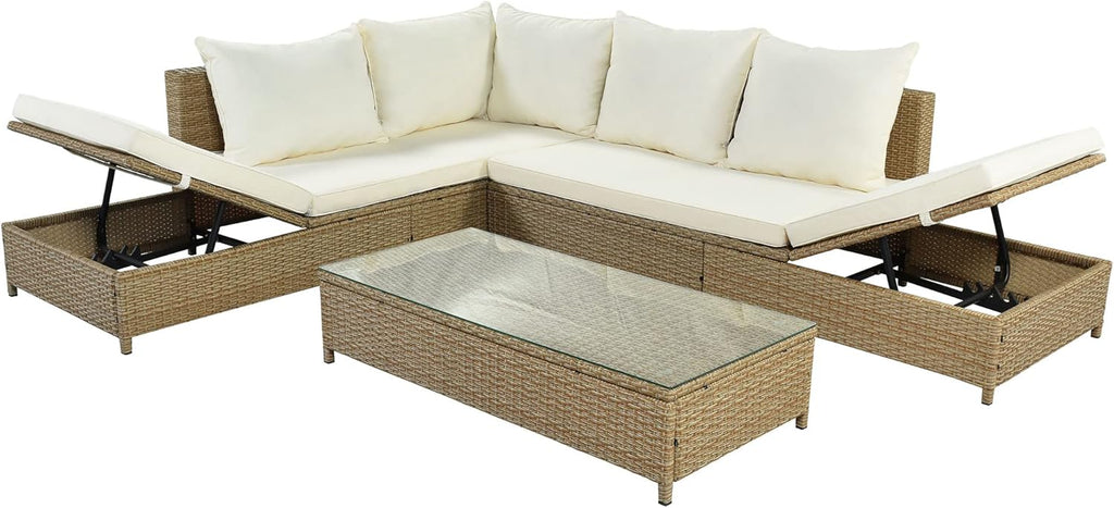 3-Piece PE Rattan Wicker Sectional Sofa Set with Tempered Glass Table H74050