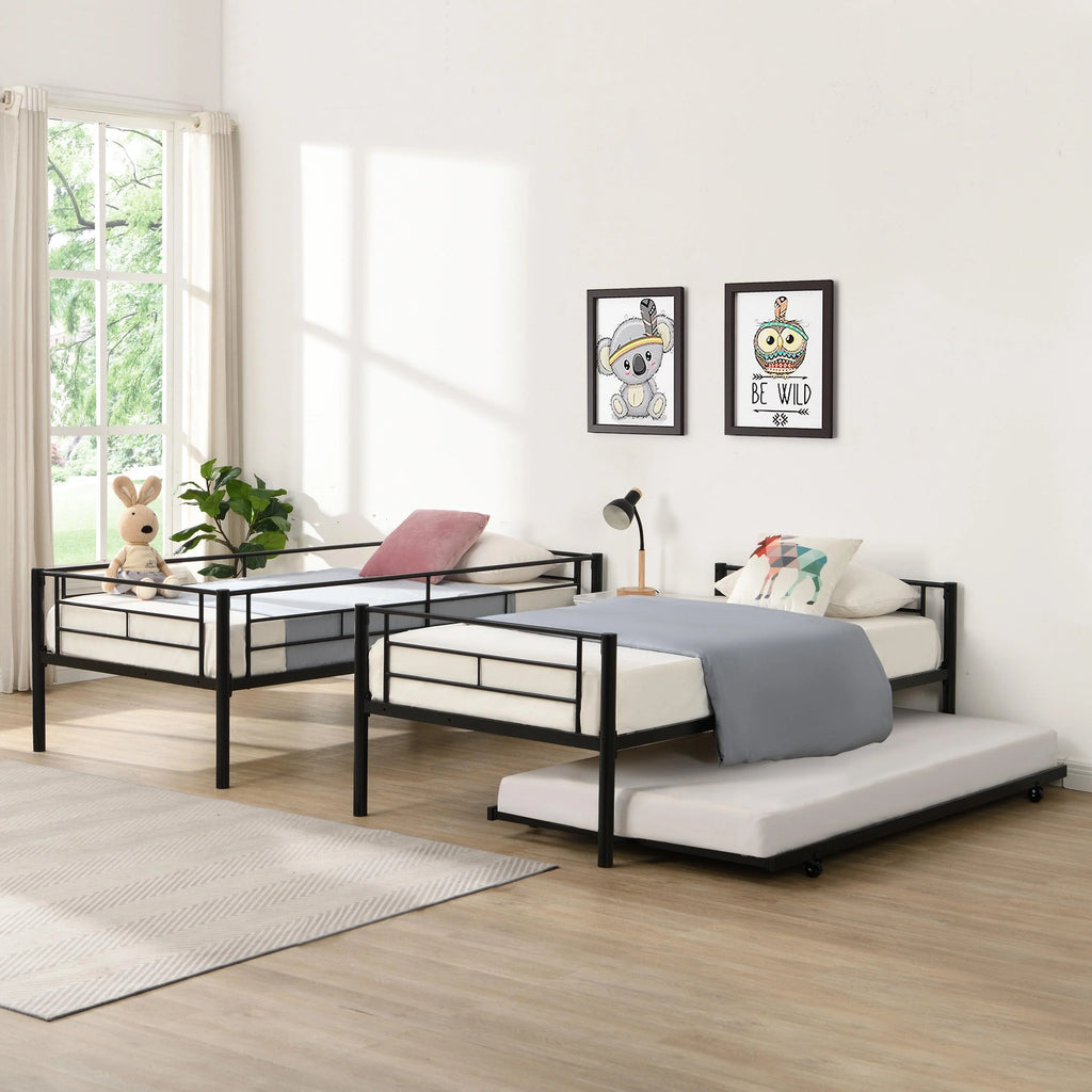 Black Twin Over Twin Metal Bunk Bed with Trundle W353