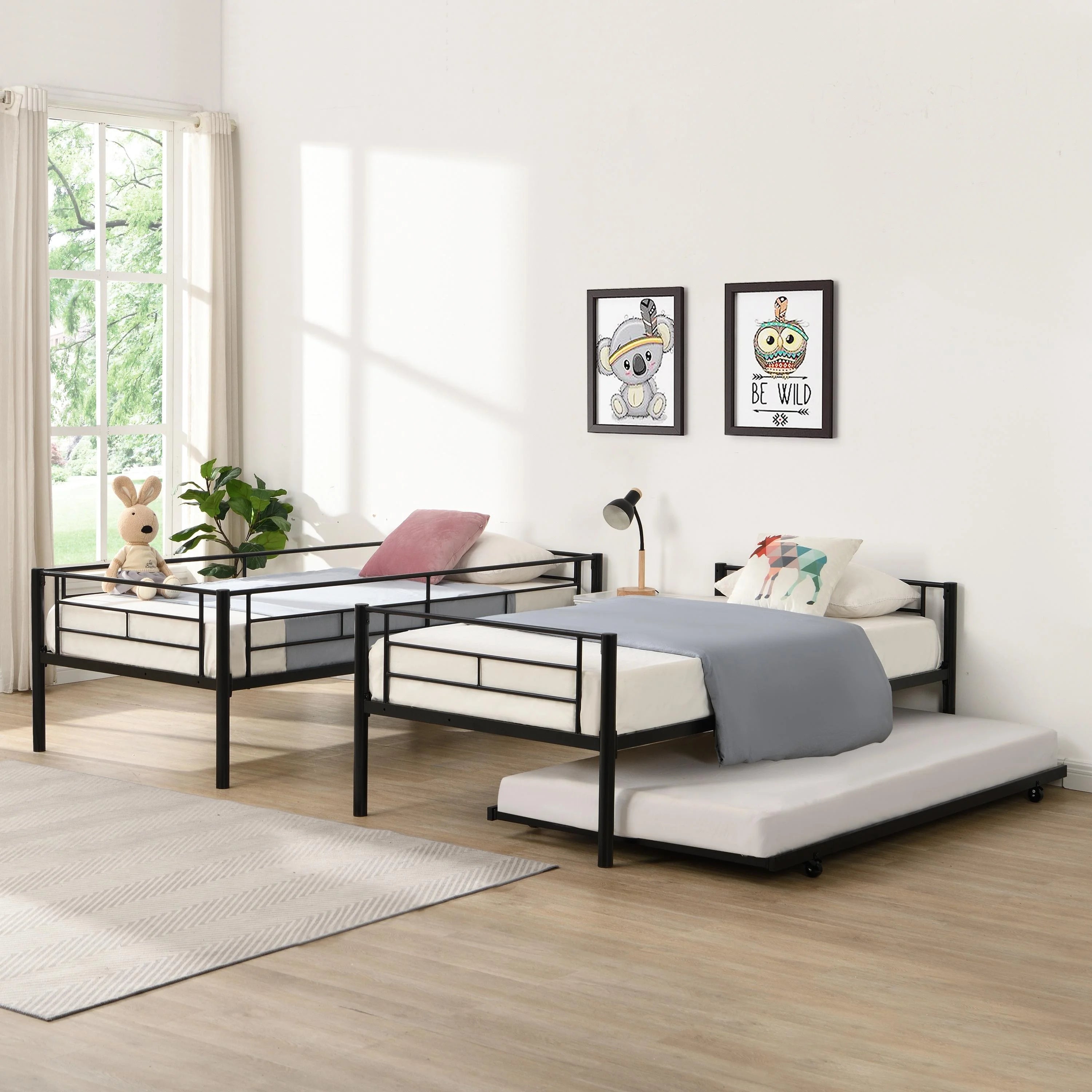 Black Twin Over Twin Metal Bunk Bed with Trundle W353