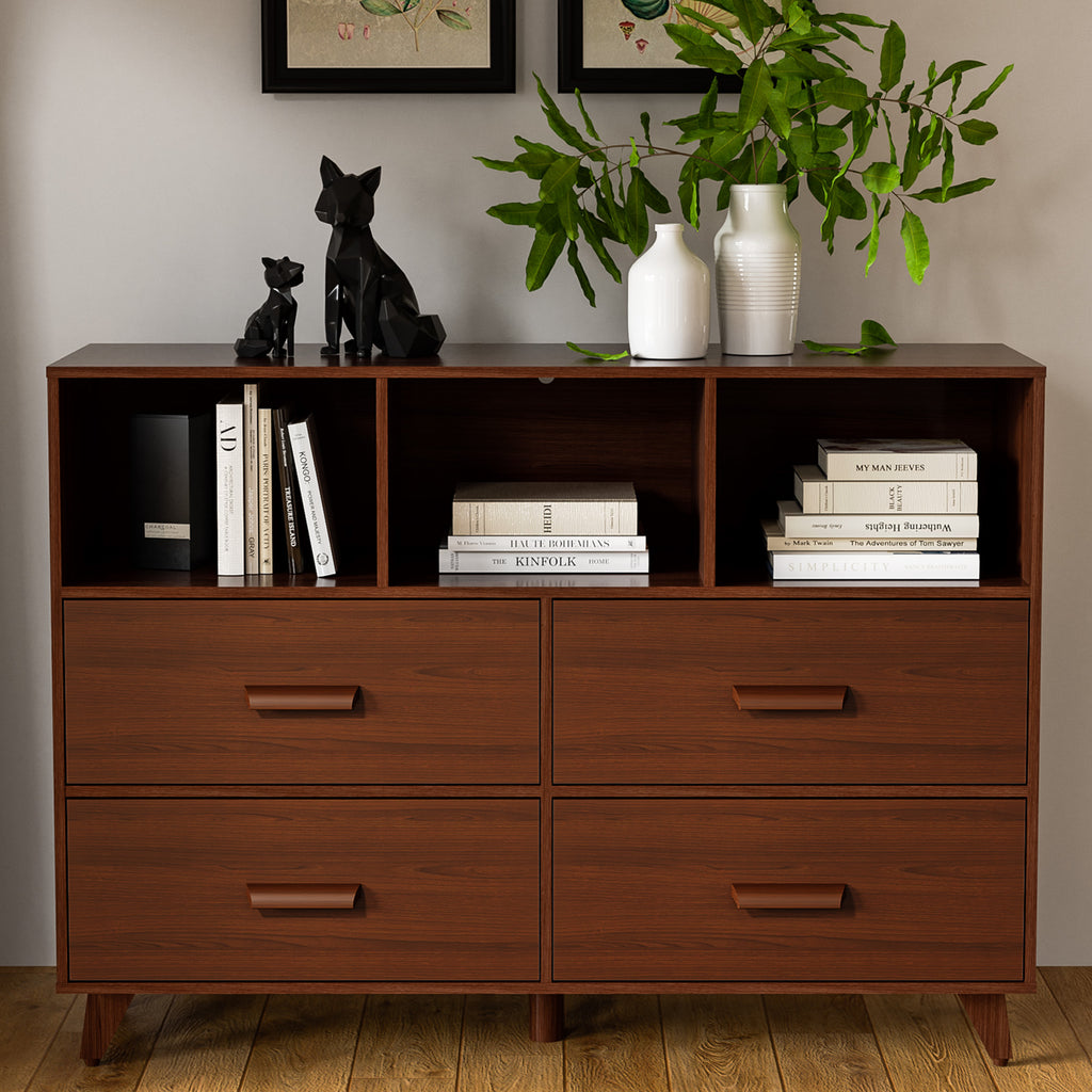 White and Brown 4 Drawers Wood Dresser with 3 Open Shelves I404046