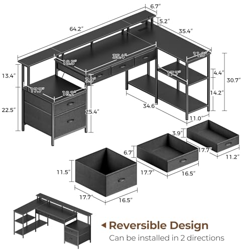 Black L Shaped Desk with File Drawers, Power Outlet & LED Lights D70872
