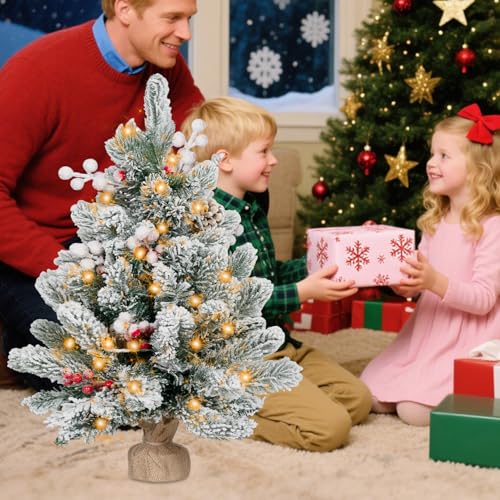 2FT Pre-lit Mini Christmas Snow Flocked Tree with LED Lights V455