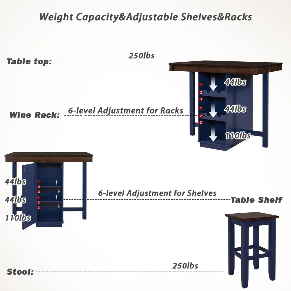 Brown and Blue 5-Piece Counter Height Dining Set with 4 Stools and Square Wood Table W703