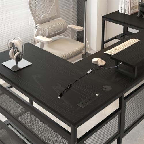 Black U Shaped 82" Computer Desk with LED Lights and Power Outlets N448910