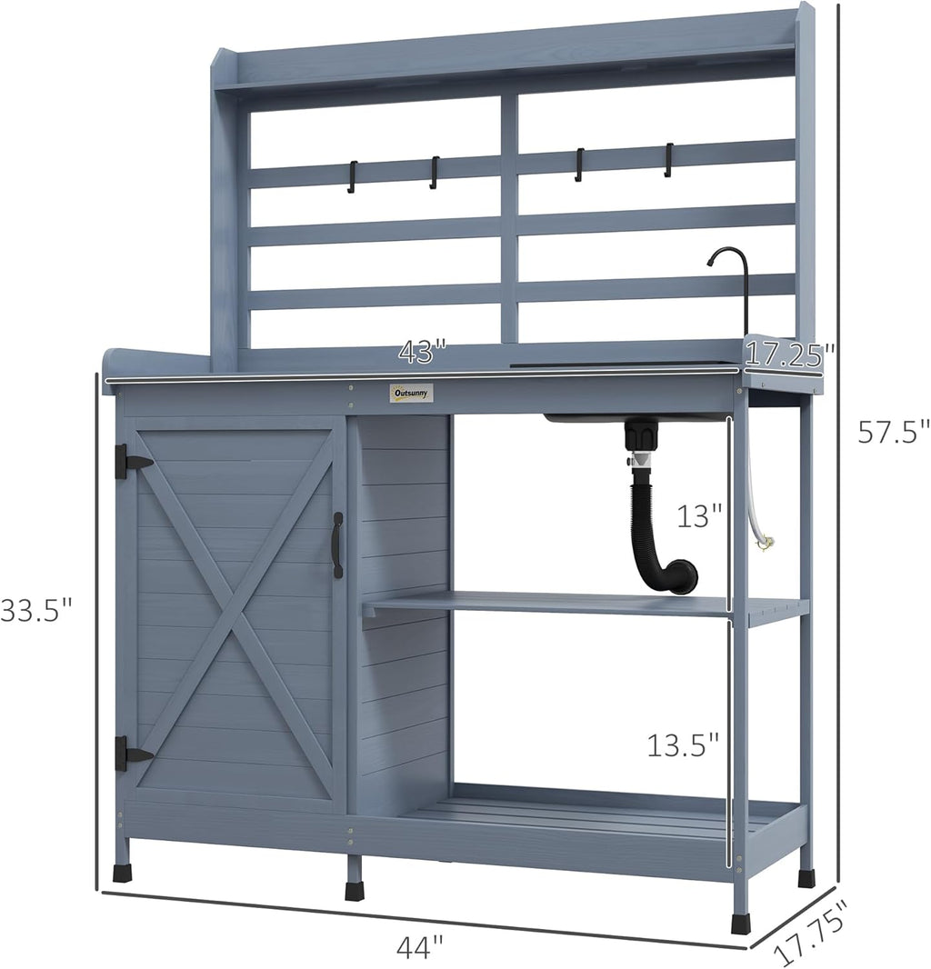 Gray Wooden Potting Bench with Storage Cabinet and Sink L1427