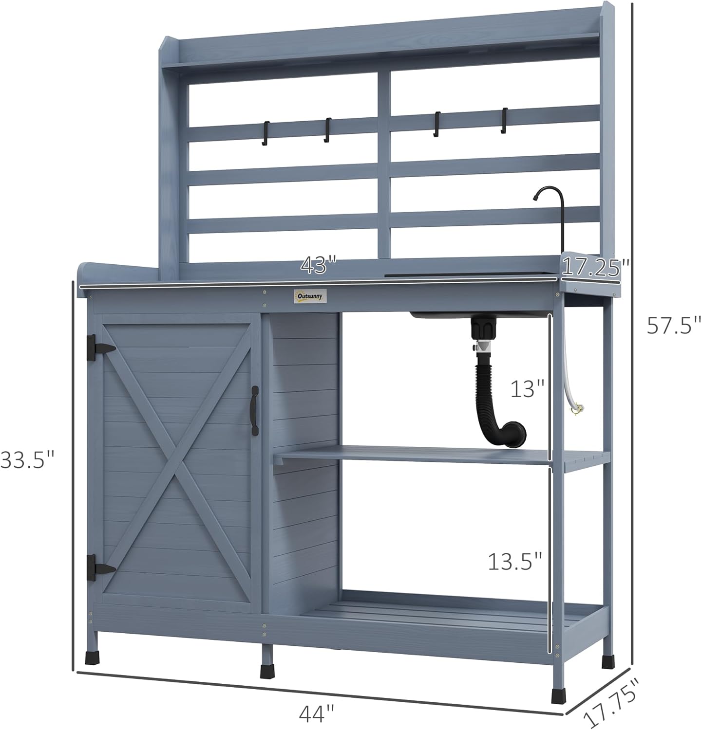 Gray Wooden Potting Bench with Storage Cabinet and Sink L1427