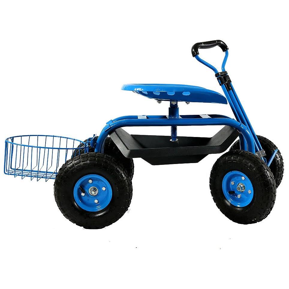 Blue Rolling Garden Cart with Extendable Steering Handle, Swivel Seat O20298