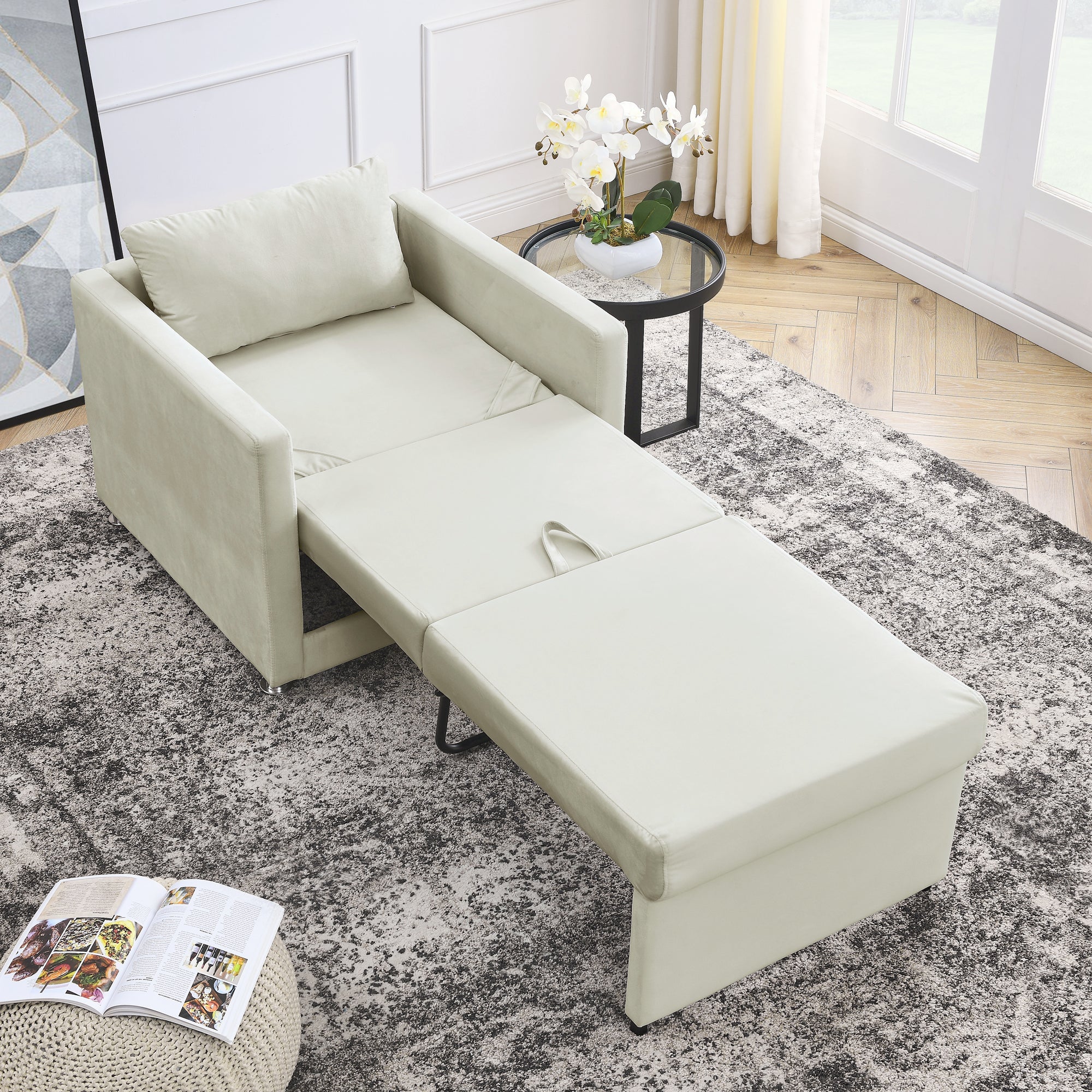 Beige Velvet Convertible Chair Bed K4253