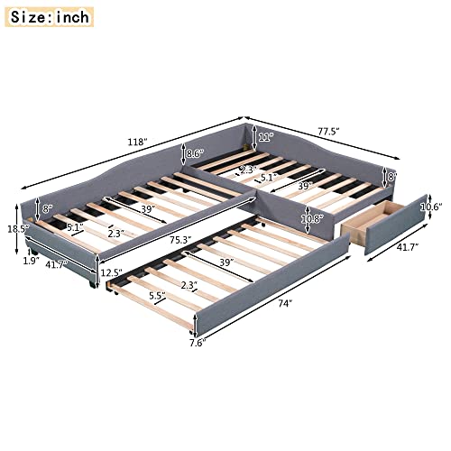 L Shaped Upholstered Double Size Daybed with Trundle and Storage Drawer, Gray Y462