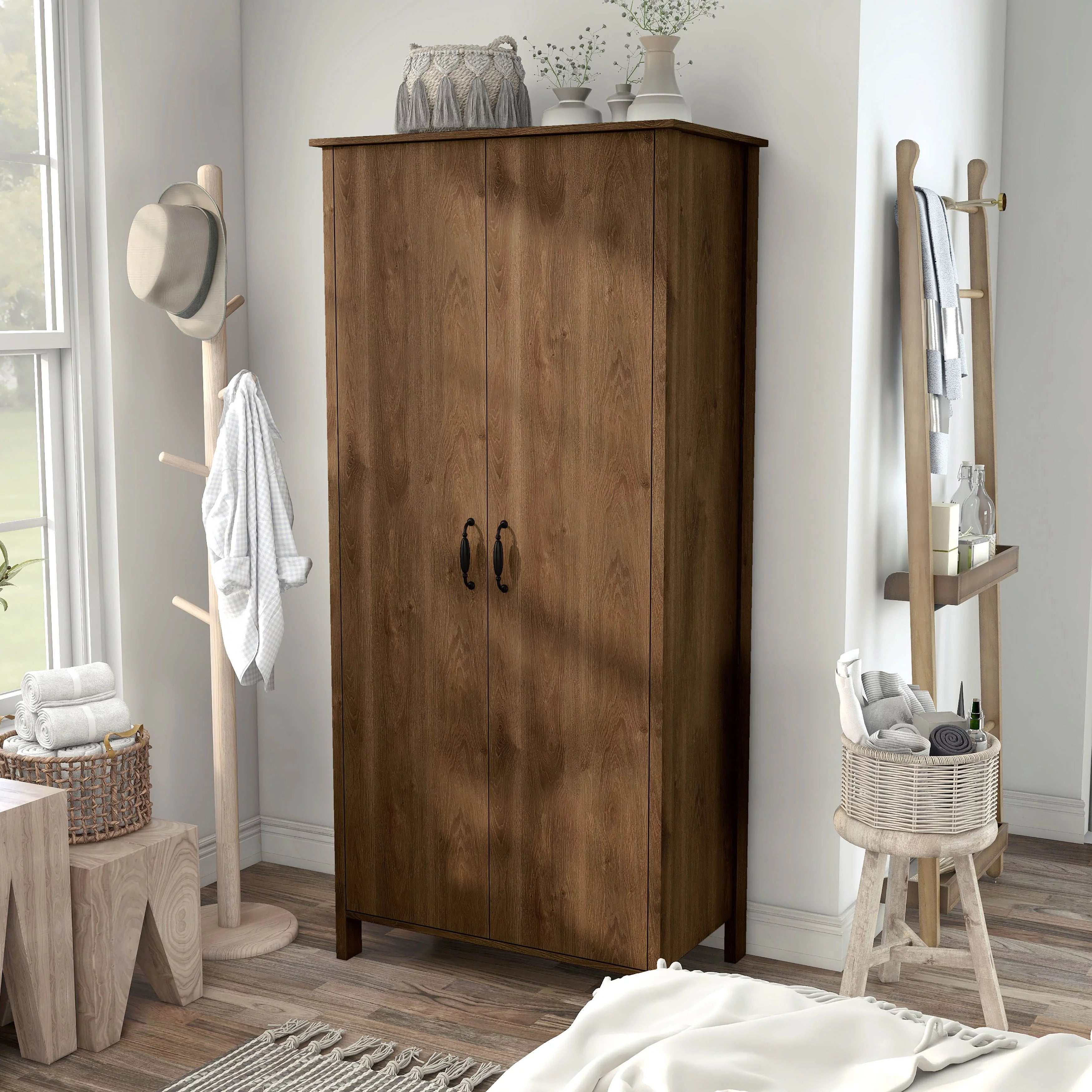Rustic Distressed Walnut Double-door Wardrobe Closet with Shelves A683