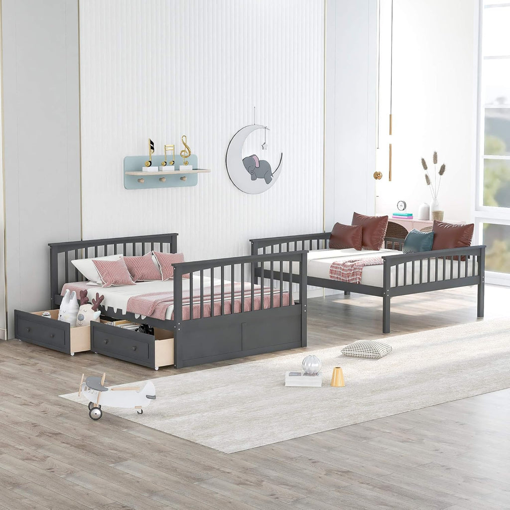 Gray Wood Full Over Full Bunk Bed with Drawers N328