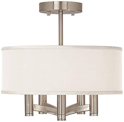 Brushed Nickel 14" Wide 5-Light Semi-Flush Mount Ceiling Light with Cream Fabric Drum Shade Q58422