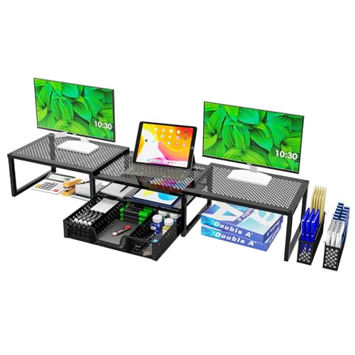 Black Dual Metal Monitor Stand Riser with Drawer and Pen Holder F8890