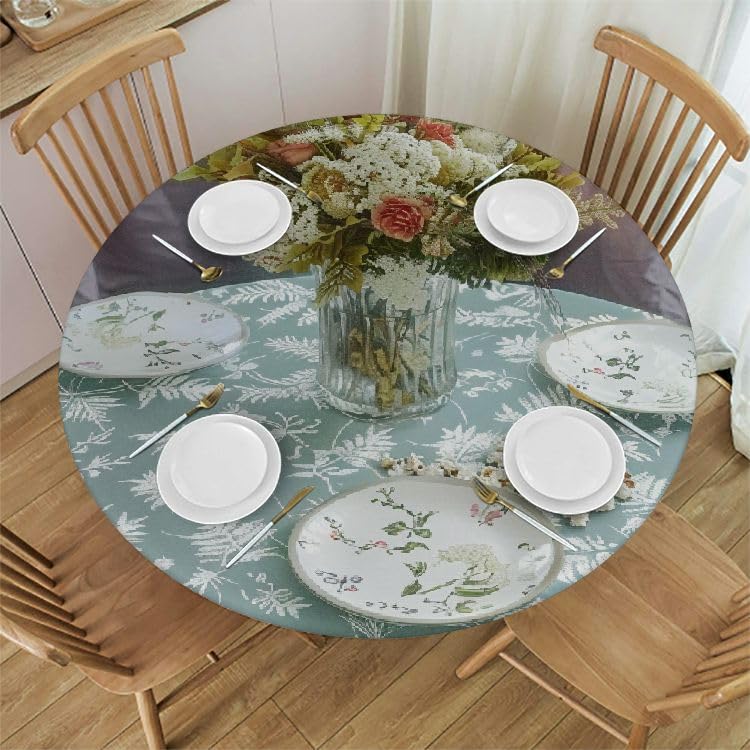 Round Vinyl Fitted Tablecloth with Flannel Backing Elastic Edge Design Table Cover T105