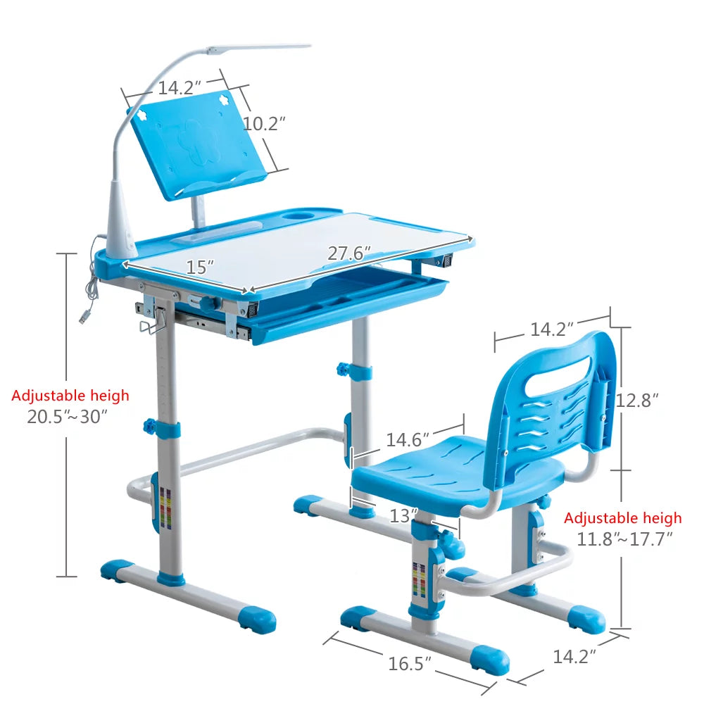 Height Adjustable Wood Kids Desk and Chair Set with Led Light and Bookstand V280347