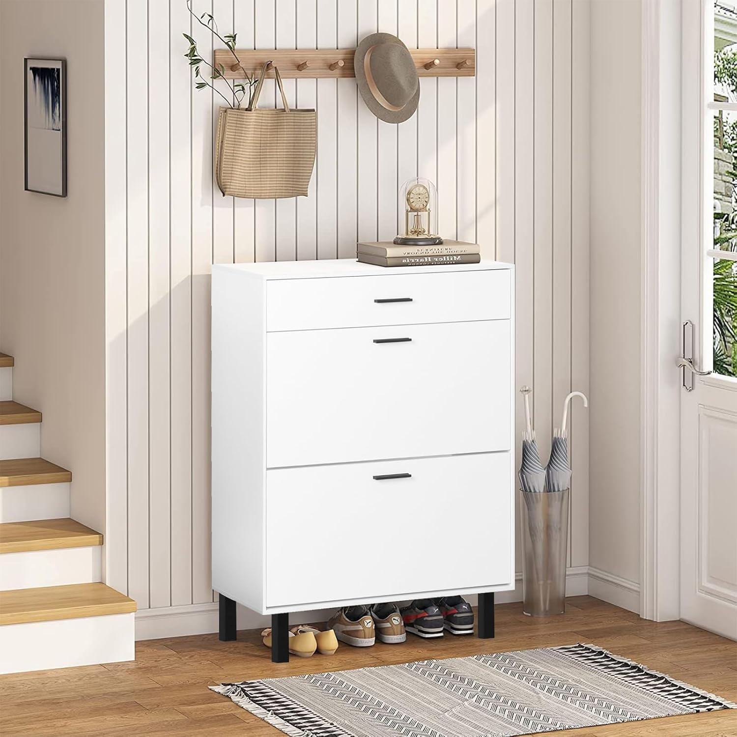 White Wooden Shoe Cabinet with 2 Flip Drawers T302185