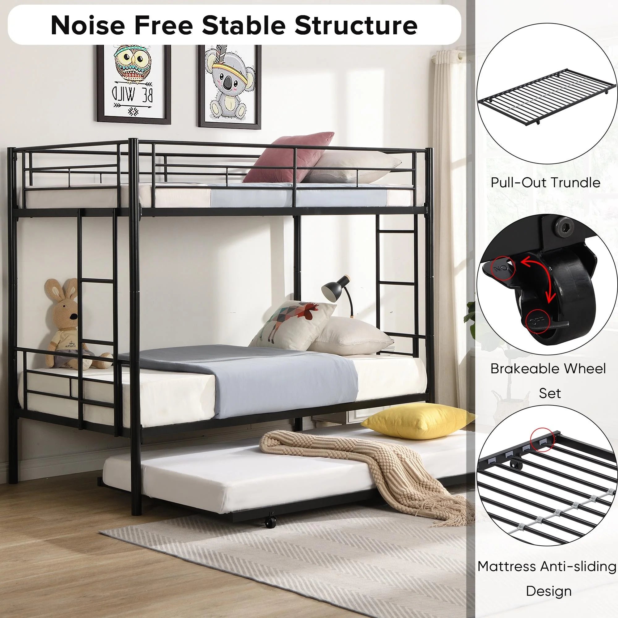 Black Twin Over Twin Metal Bunk Bed with Trundle W353