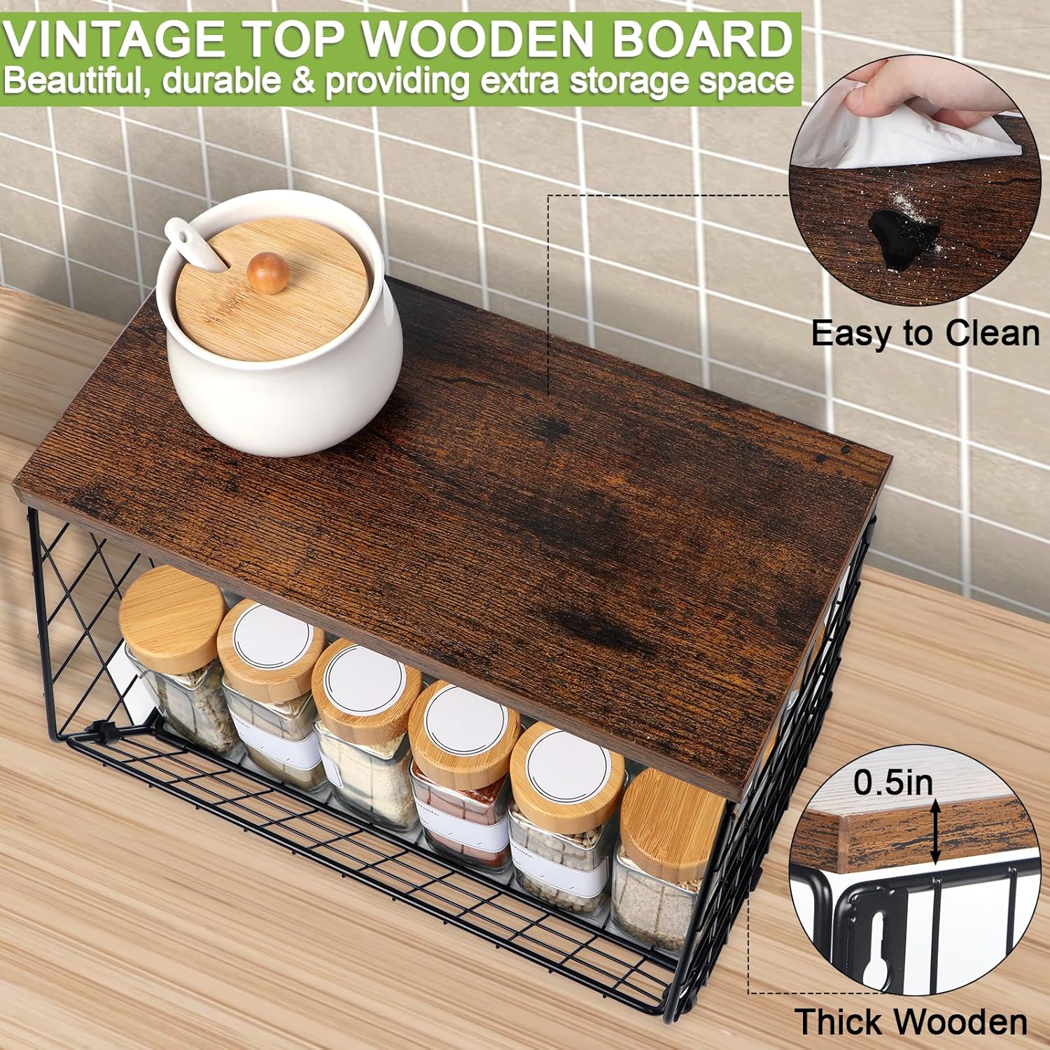 2 Tier Wire Fruit Basket with Wooden Lid M7618