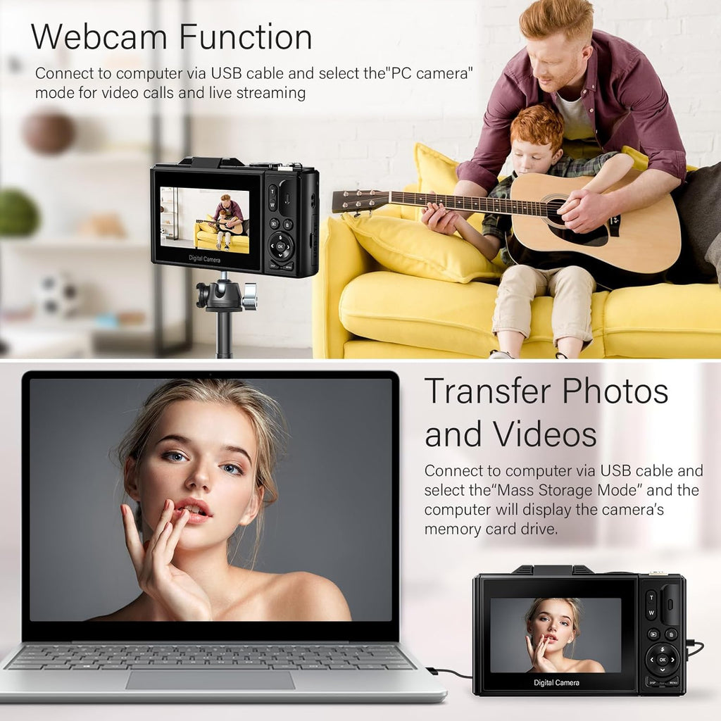 64MP 4K Digital Camera with 18X Zoom, 3.0 inch Flip Screen, 32GB SD Card, 2 Batteries H24924