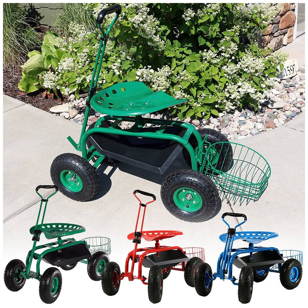 Blue Rolling Garden Cart with Extendable Steering Handle, Swivel Seat O20298