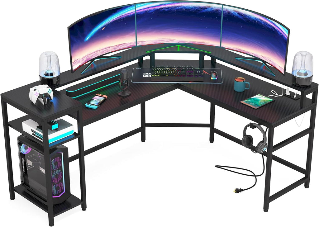 Black L Shaped Gaming Desk with Power Outlet & LED Stripe E35660