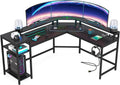 Black L Shaped Gaming Desk with Power Outlet & LED Stripe E35660