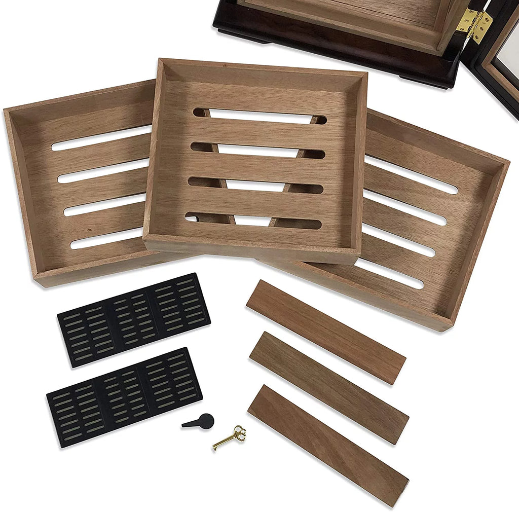 Countertop Display Cigar Humidor with 4 Glass Sides & Angled Trays, Dark Mahogony K509273