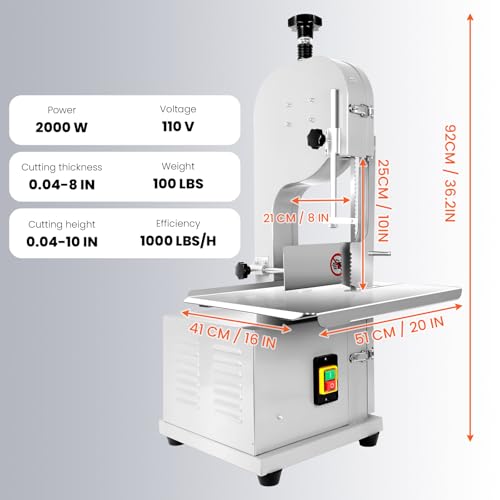 2000W Commercial Bandsaw Machine, 20x16" Stainless Table, 0.04-8" Cutting Thickness, Electric Bone Saw Machine with 8 Blades R49067
