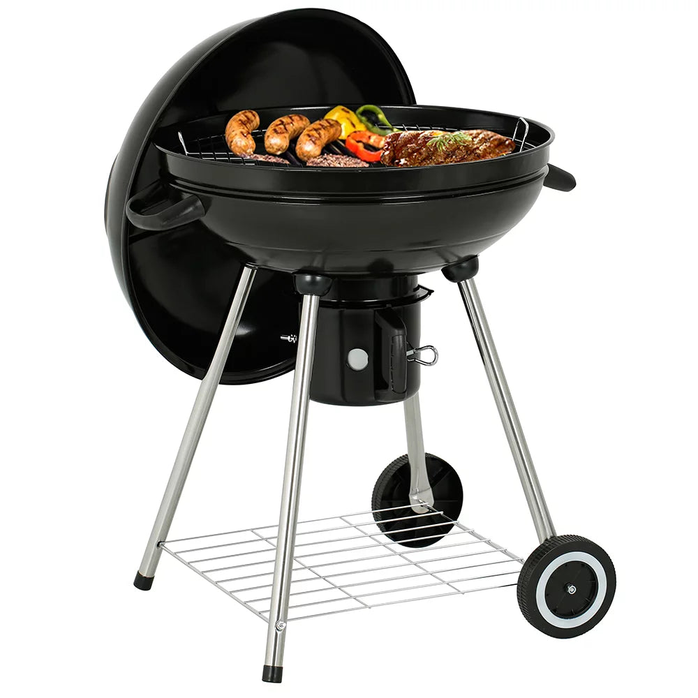 22" Round Portable Charcoal Kettle Grill With 2 Wheels, Black A868