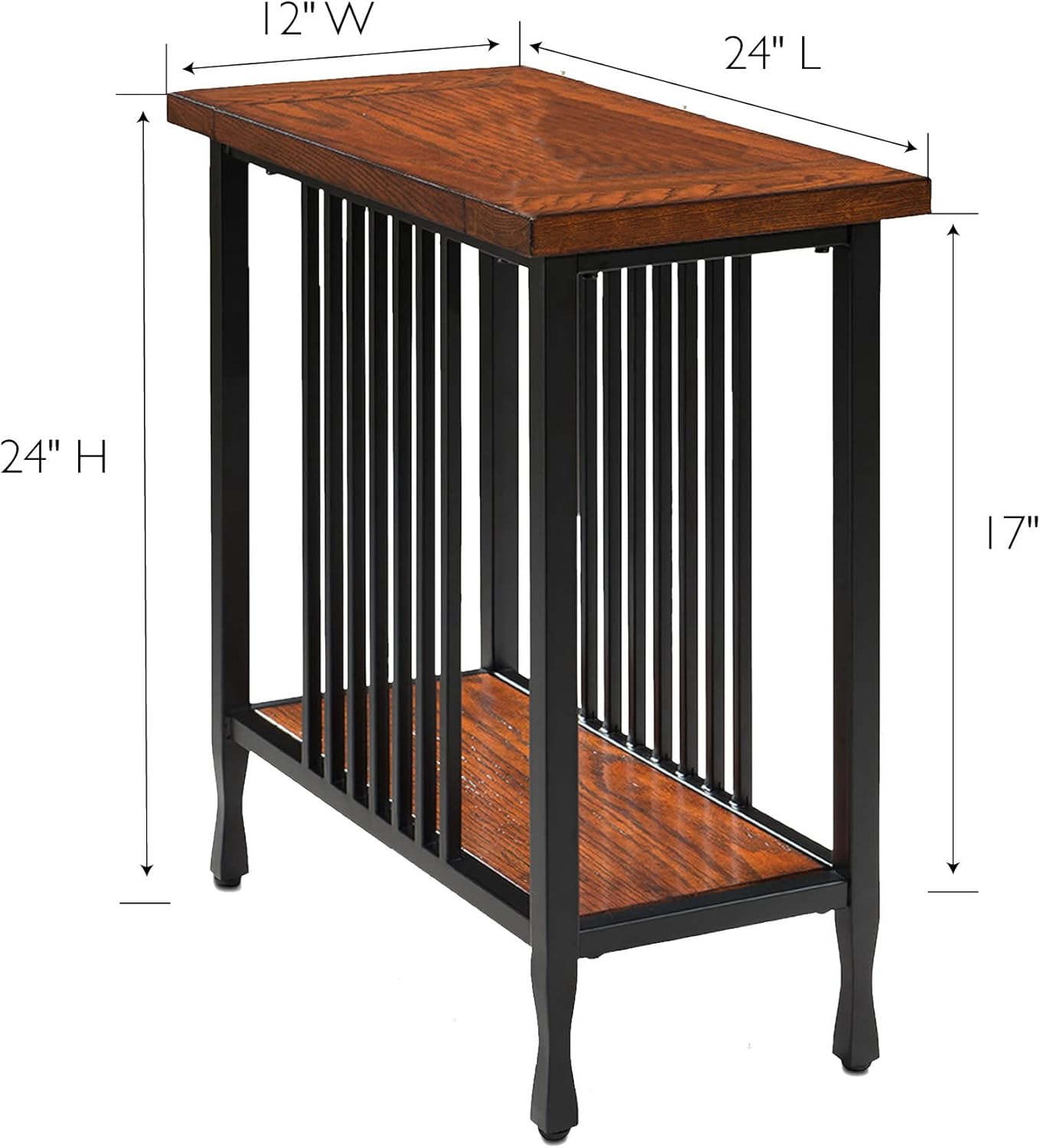 Mission Oak and Matte Black Narrow Chairside Table with Shelf R17153