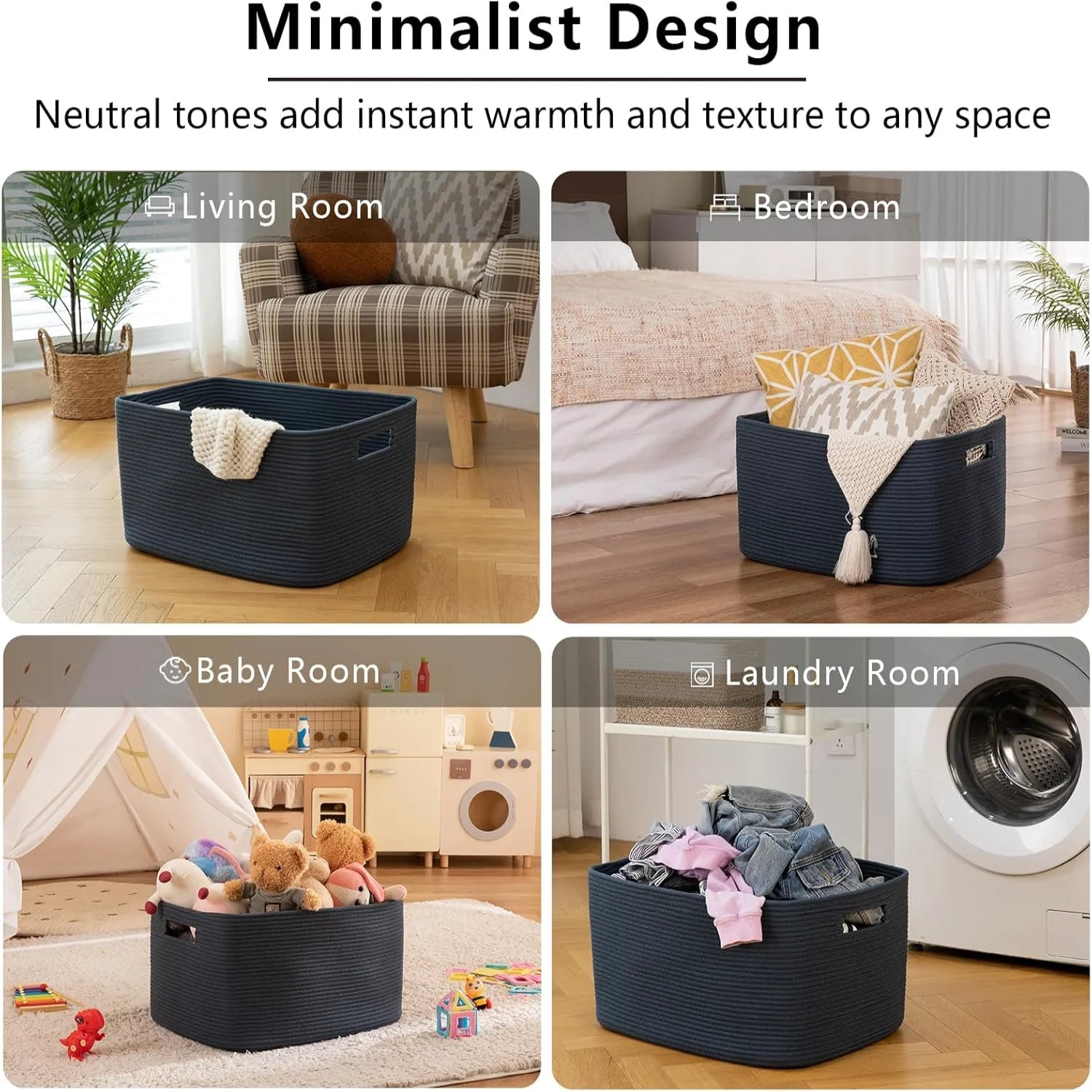 75L Large Woven Cotton Rope Blanket Storage Basket with Handle T4989