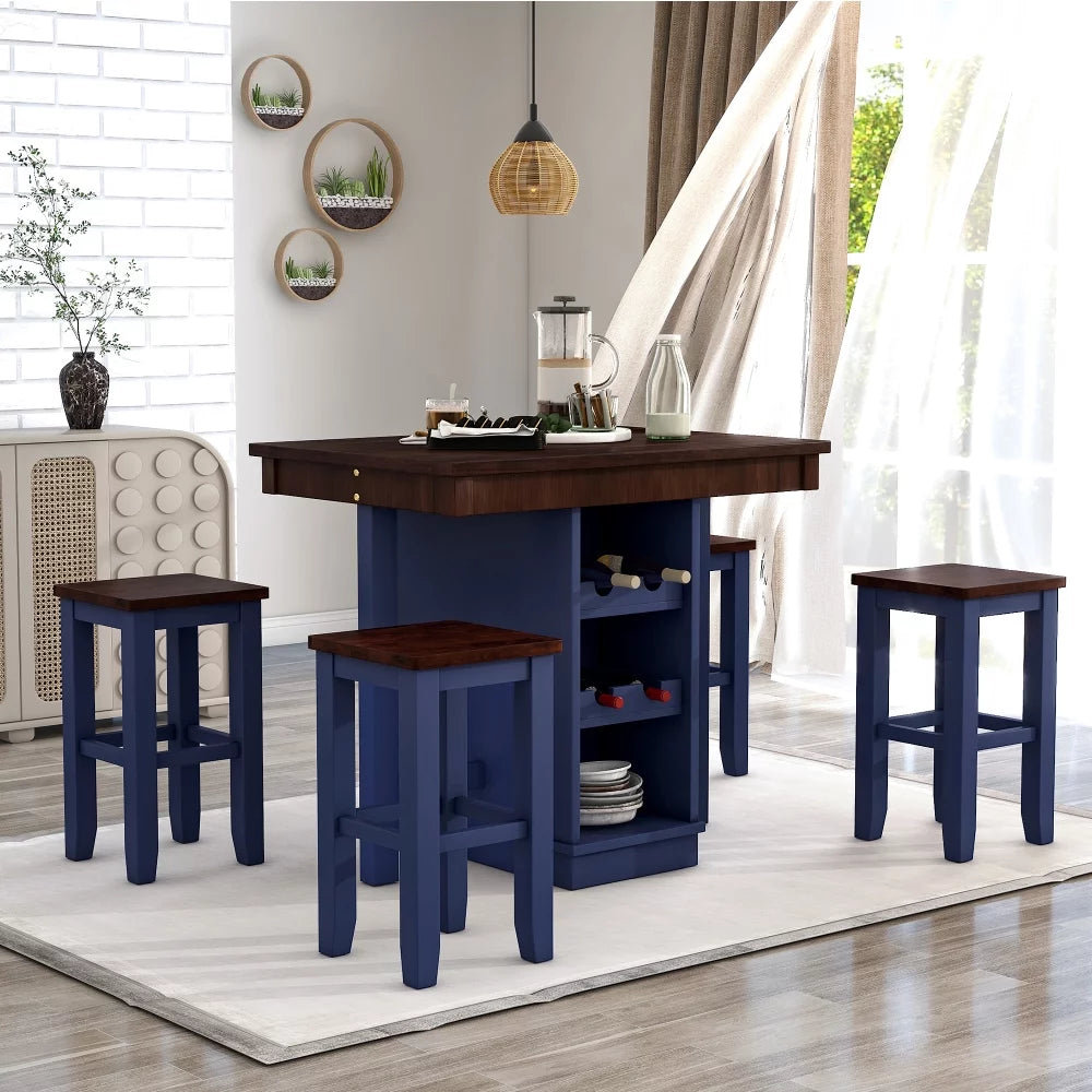 Brown and Blue 5-Piece Counter Height Dining Set with 4 Stools and Square Wood Table W703