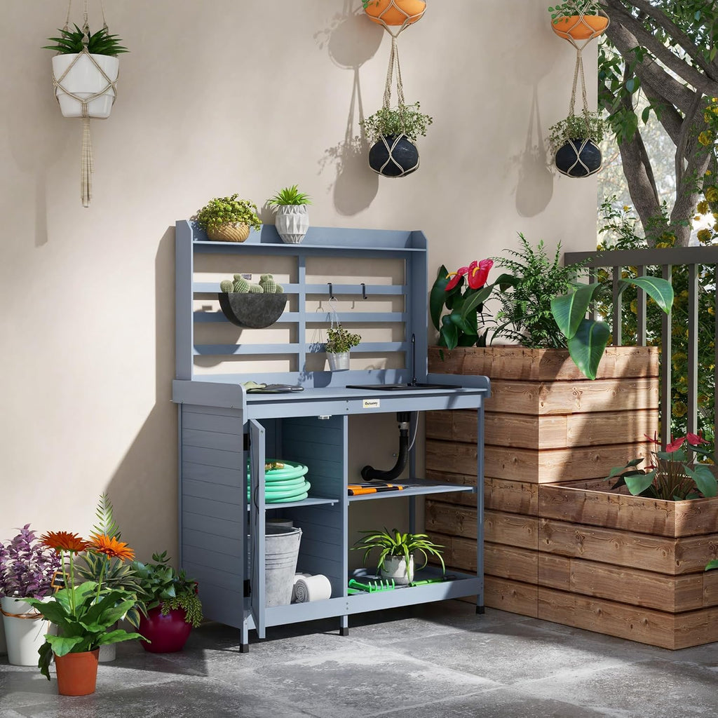 Gray Wooden Potting Bench with Storage Cabinet and Sink L1427