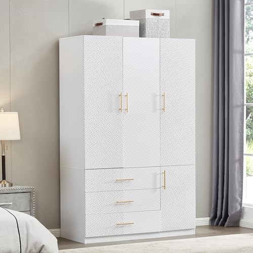 White 4 Doors 3 Drawers Wooden Closet Cabinet Wardrobe Armoire R306755