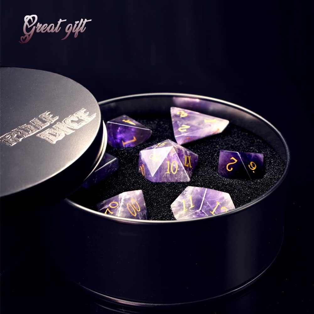 7 Pcs Amethyst Crystal Handmade Polyhedral D&D Dice Set with Metal Box E634
