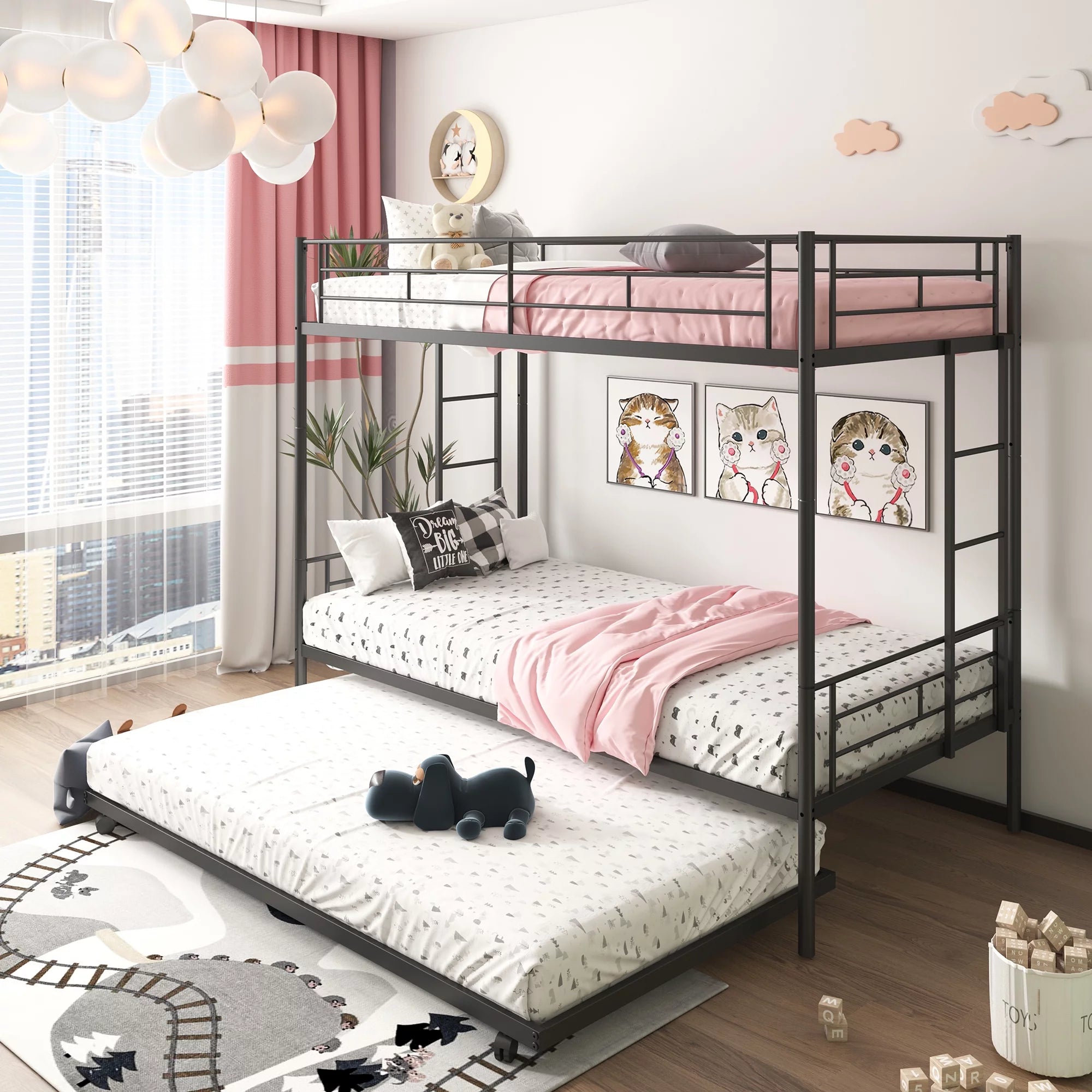 Black Twin Over Twin Metal Bunk Bed with Trundle W353