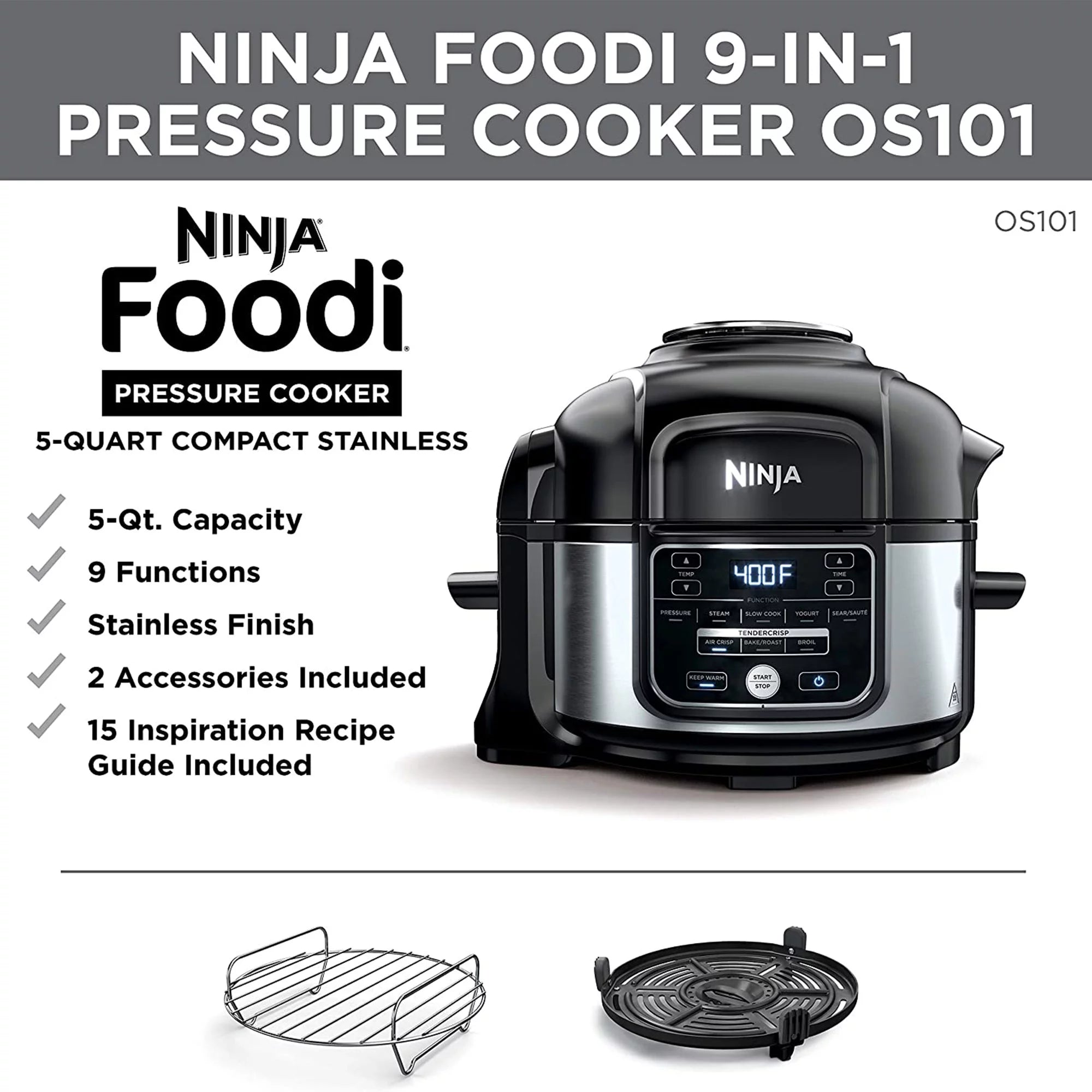 9 in 1 Pressure Cooker and Air Fryer with Nesting Rack, Silver Y13916