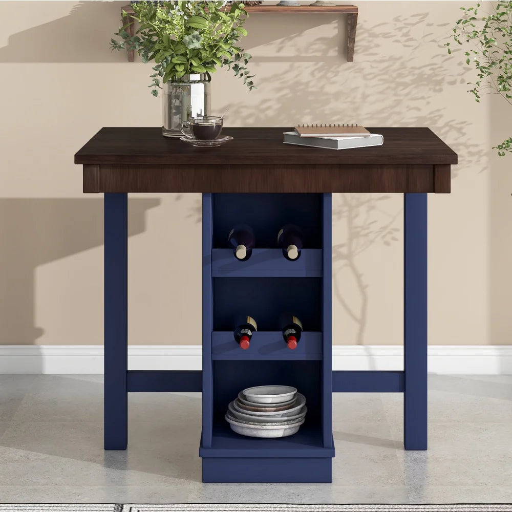 Brown and Blue 5-Piece Counter Height Dining Set with 4 Stools and Square Wood Table W703